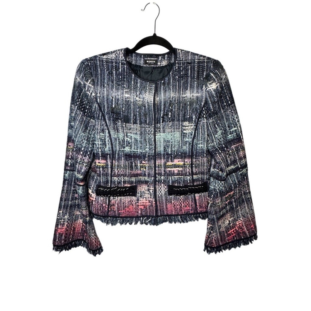 Worth New York Blazer Womens Size S Blue Multicolor Tweed Fringe Cropped